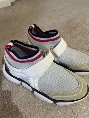 Moncler Light Gray Knit Sock Sneakers with Navy & Red Stripes